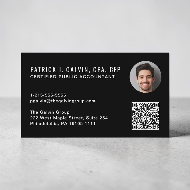 CPA-Buchhalter-QR-Code-Schwarz-Foto Visitenkarte (CPA Accountant QR Code Black Photo Business Card)