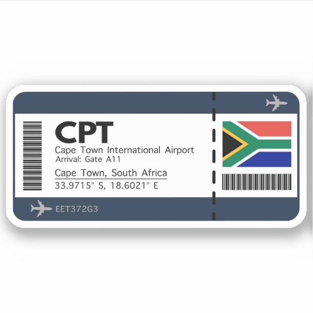 CPT Kapstadt Boarding Pass - Südafrika Aufkleber (Vorderseite)