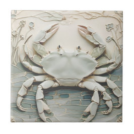 Crab Art Nouveau Imitats Relief White & Minze Past Fliese