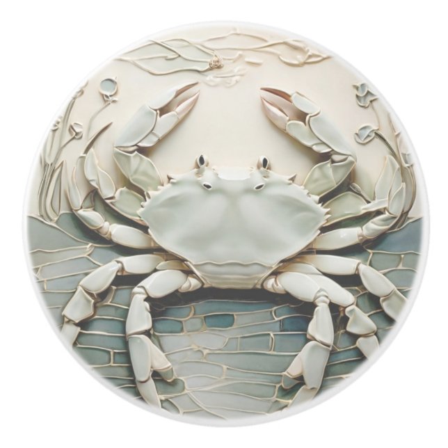 Crab Art Nouveau Imitats Relief White & Minze Past Keramikknauf (Vorderseite)