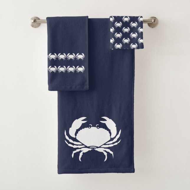 Crab Bath Ocean Blue & White Badhandtuch Set (Insitu)