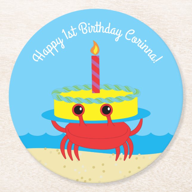 Crab Beach Birthday Party Runder Pappuntersetzer (Vorderseite)