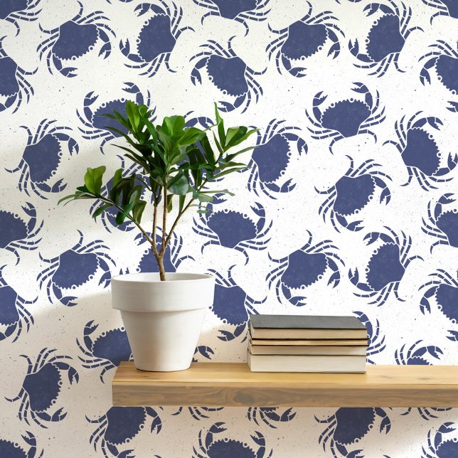 Crab Blau und Weiß Küstenmuster Tapete (Crab navy blue and white coastal themed wallpaper)
