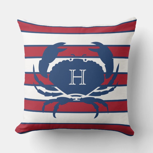 Crab Blue Navy Red White Nautical Modern Strips Kissen (Vorderseite)