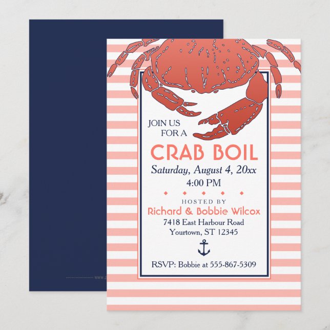 Crab Boil | Eingeladene Navy/Coral gestreift Einladung (Vorne/Hinten)