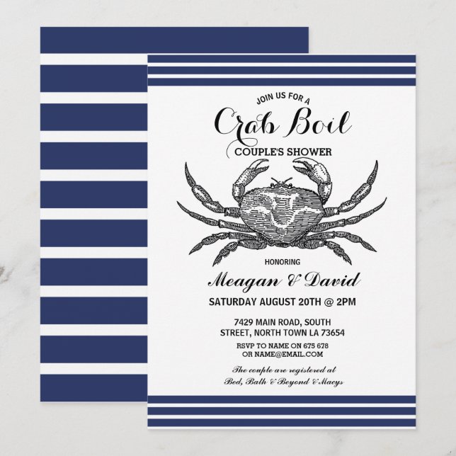 Crab Boil Engagement Party Karo Blue Beach Einladung (Vorne/Hinten)