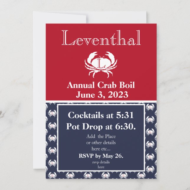 Crab Boil Invite Red Crab Navy Blue White Coastal Einladung (Vorderseite)
