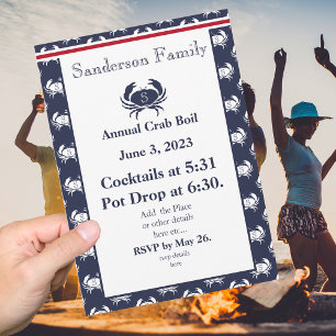 Crab Boil Invite Red Navy Blue White Coastal Party Einladung
