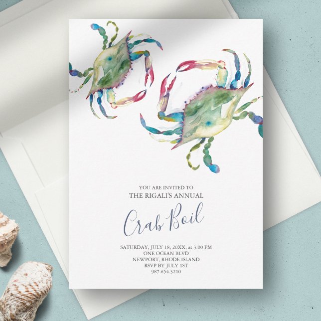 Crab Boil Summer Party Einladung (low country boil invitations watercolor blue crab art by Victoria Grigaliunas Do Tell A Belle)