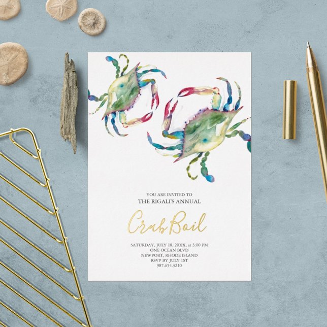 Crab Boil Summer Party Folieneinladung (Crab boil or a low country boil invitation features watercolor art by Victoria Grigaliunas )