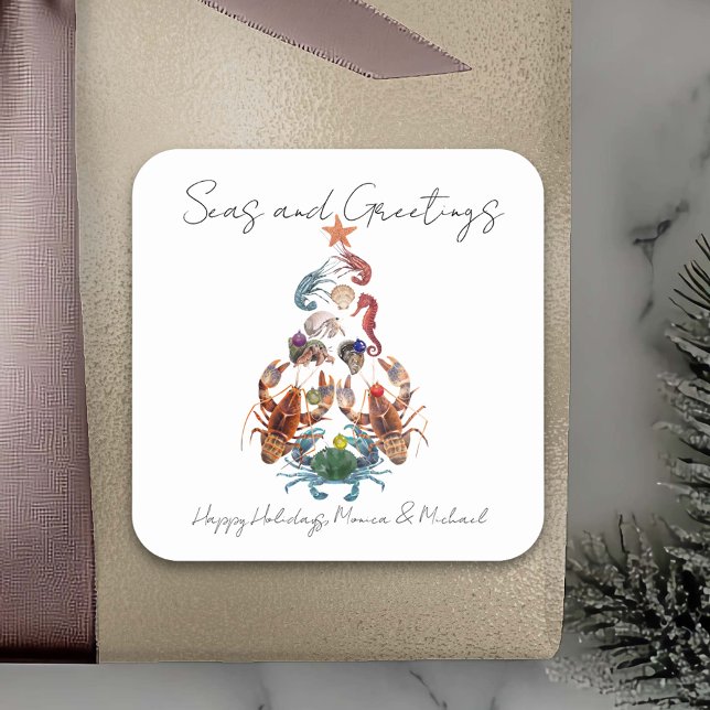 Crab Hummer Weihnachtsbaum Crustacean Sea Holiday Quadratischer Aufkleber (Von Creator hochgeladen)