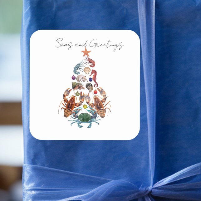 Crab Hummer Weihnachtsbaum Crustacean Sea Holiday Quadratischer Aufkleber (Von Creator hochgeladen)