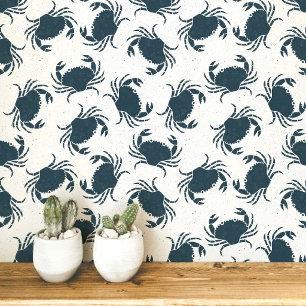 Crab Indigo Blau und Weiß Küstenmuster Tapete