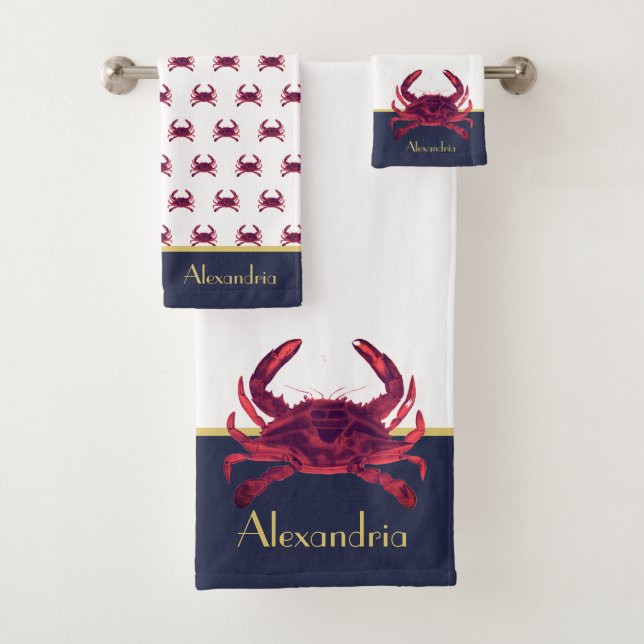 Crab Nautical Burgundy Maroon Red Gold Navy Blue Badhandtuch Set (Insitu)