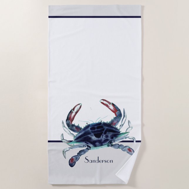 Crab Nautical Navy Blau und Weiß Strandtuch (Vorderseite)