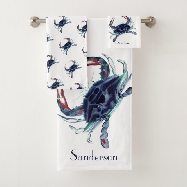 Crab Nautical Navy Blue und Grau Green Badhandtuch Set (Insitu)