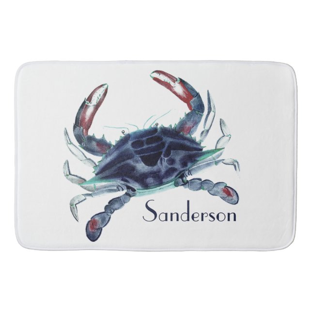 Crab Nautical Navy Blue und White Bath Mat Badematte (Vorderseite)