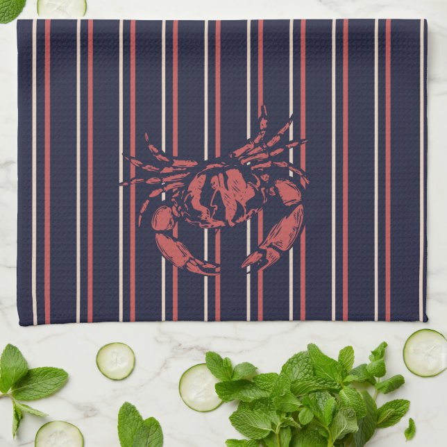 Crab Navy Blue and Red Stripe Fisherman Geschirrtuch (Gefaltet)