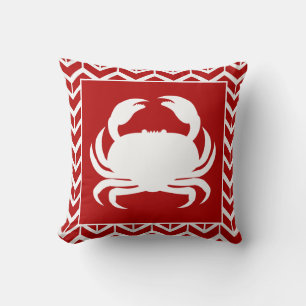 Crab Red White Herringbone Coastal Modern Nautic Kissen