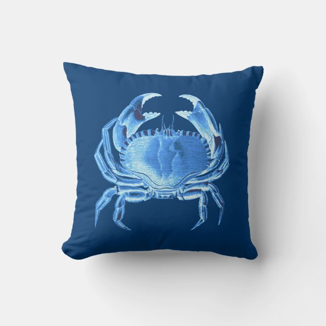 Crab Sea Life Print, Indigo Blau und Weiß Kissen (Vorderseite)