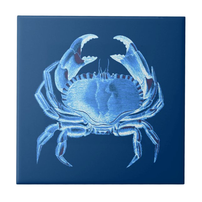 Crab Sea Life Print, Indigo Blue und White Fliese (Vorderseite)