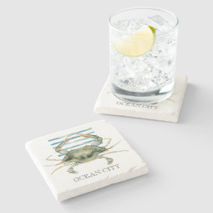 CRAB Watercolor CRAB Art Beach Küste OZEAN STADT Steinuntersetzer