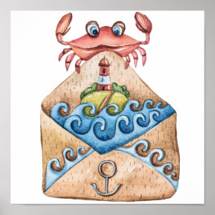 Crab Watercolor Zeichnend Poster