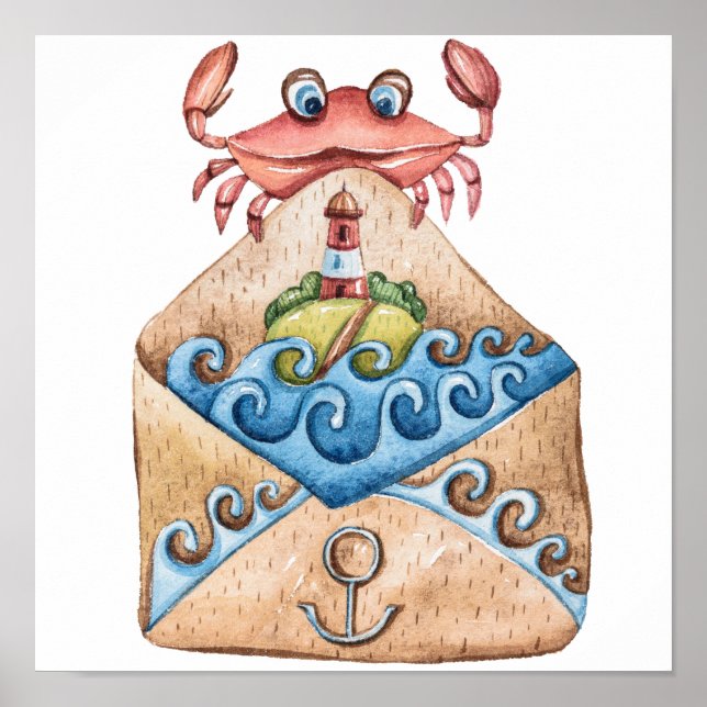 Crab Watercolor Zeichnend Poster (Vorne)