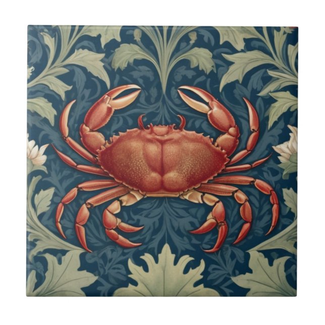 Crab William Morris Stil Nautic Sea Life Fliese (Vorderseite)