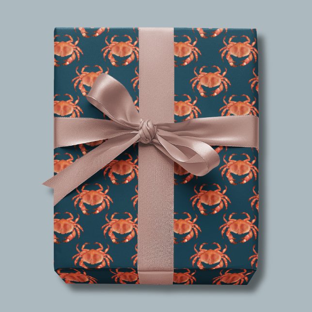Crabs Seaside Pattern Geschenkpapier (Brown crab wrapping paper on navy blue background)