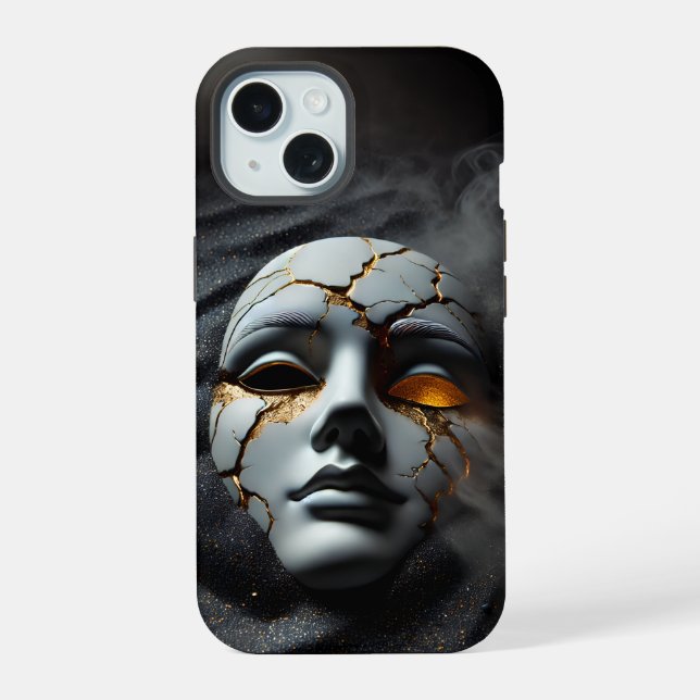 Cracked Porcelain Mask Dark iPhone 15 Tough Case Hülle (Rückseite)