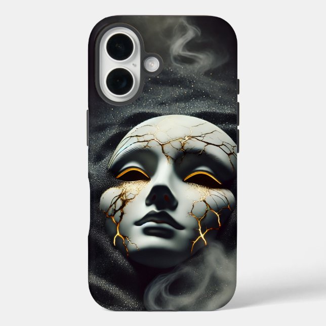 Cracked Porcelain Mask Dark iPhone 16 Tough Case (Rückseite)