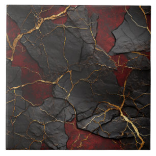 Cracked Stone Textur, Red Black & Gold Fliese