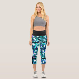 Crackle Blume Muster Blau Lila Aquamarin Capri Leggings