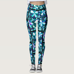 Crackle Blume Muster Blau Lila Aquamarin Leggings