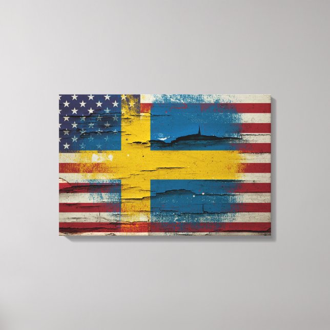 Crackle Paint | Schwedische amerikanische Flagge Leinwanddruck (Vorderseite)