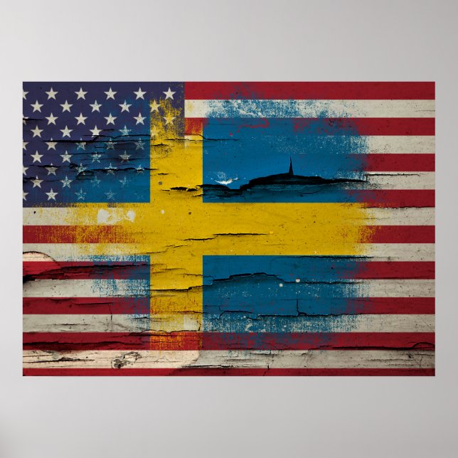 Crackle Paint | Schwedische amerikanische Flagge Poster (Vorne)