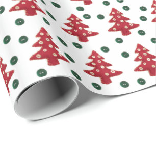 Craft Red Christmas Trees and Buttons Muster Geschenkpapier