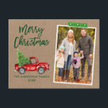 Craft Tape Brush Script Truck Kraft Weihnachten Postkarte<br><div class="desc">Modern Brush Script Wasserfarbe Vintag Red Truck mit Weihnachtsbaum Frohe Weihnachtsfamilie Foto Postcard - Rustic Kraft Paper,  Green Snowflake Craft Tape</div>