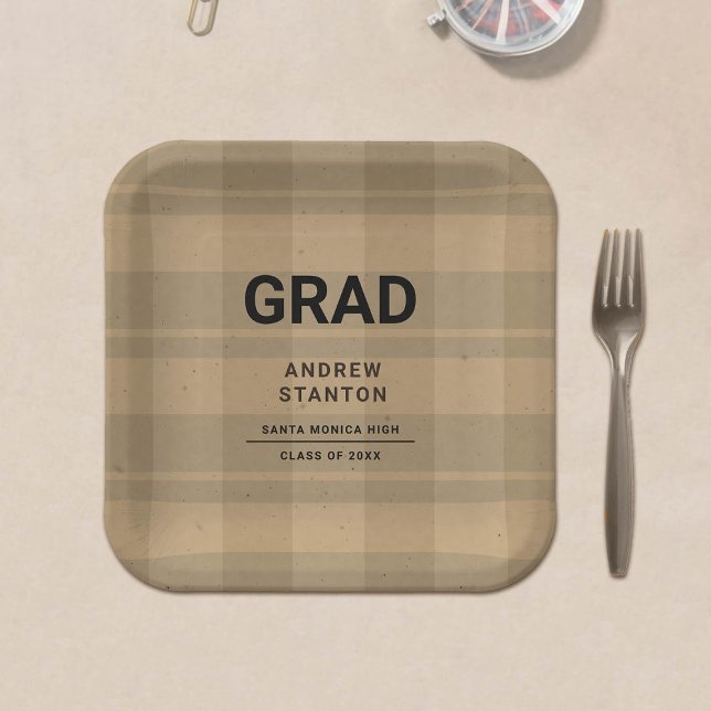 Craft Tartan Kariert Modern Simple Boy Abschluss Pappteller (rustic craft tartan plaid graduation personalized paper plate)