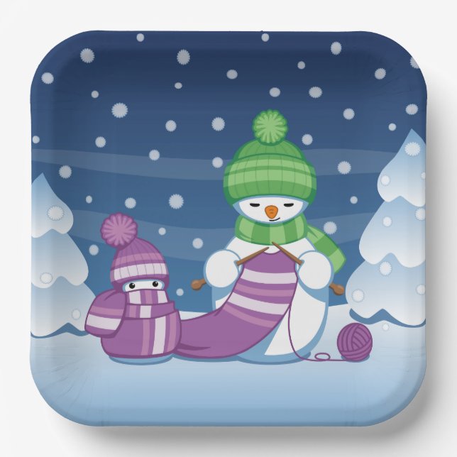 Crafty Snowman Knitting Scarf Pappteller (Vorderseite)