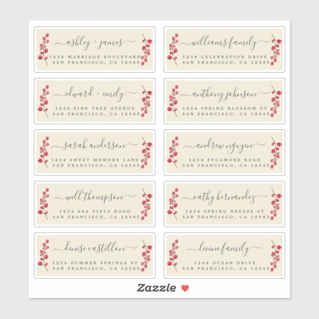 Cranberries Sprig Wedding Guest Address Labels (Blatt)
