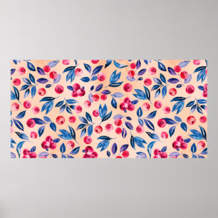 Cranberries und Blätter, wasserfarbene Wildbeere Poster