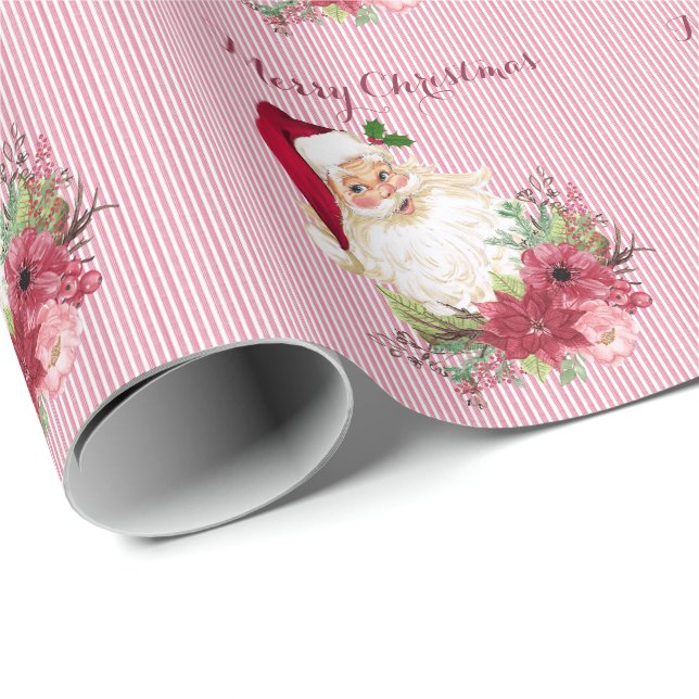 Cranberry floral Santa Claus Strip Poinsettia Geschenkpapier (Rolleneckpunkt)