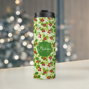 Cranberry Fruchtmuster und Monogramm, grün Thermosbecher