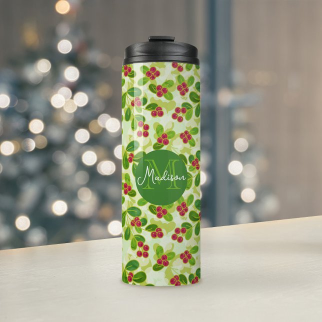 Cranberry Fruchtmuster und Monogramm, grün Thermosbecher (Festive Cranberry Pattern & Custom Monogram Tumbler)