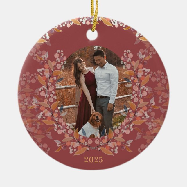 Cranberry Gold Gerahmt Foto Holiday Keramik Ornament (Vorne)