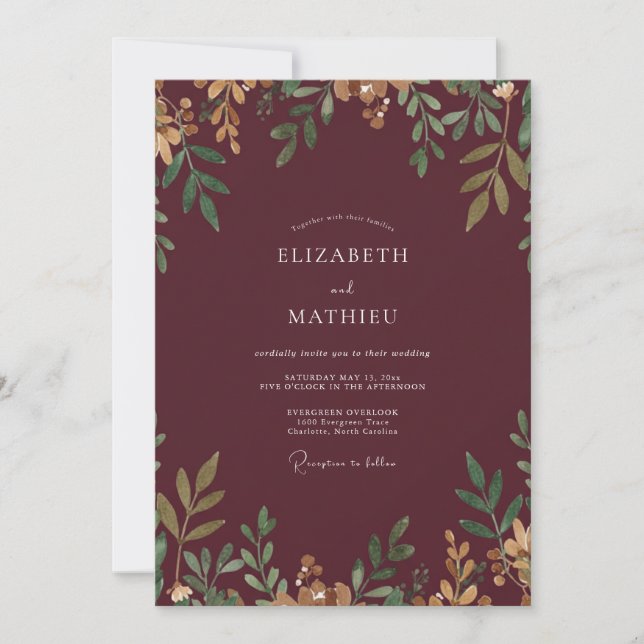 Cranberry Gold Leaf Hochzeit Einladung (Vorderseite)