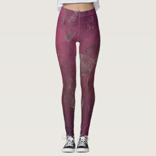 Cranberry & Imitate Silberne Blätter Leggings