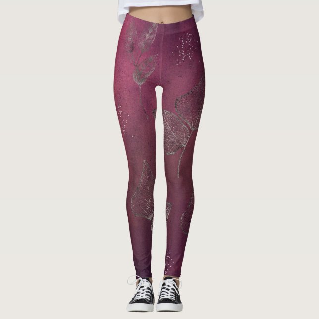 Cranberry & Imitate Silberne Blätter Leggings (Vorderseite)